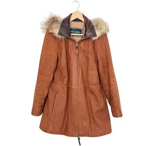 Overland Maria Paula Hooded Sheepskin Leather Coat Fox Fur Collar Women's Size M